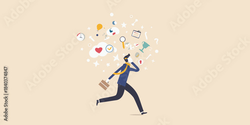 A businessman running with a briefcase surrounded by floating ideas and concepts