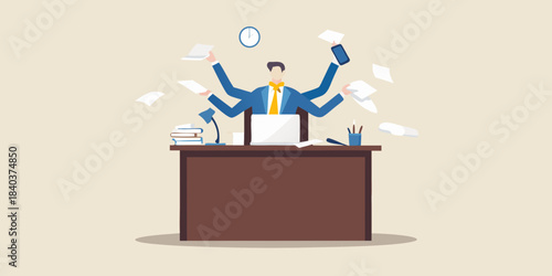 Overwhelmed businessman juggling multiple tasks at a busy office desk