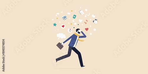 A busy businessman rushes forward amidst a flurry of thoughts and ideas