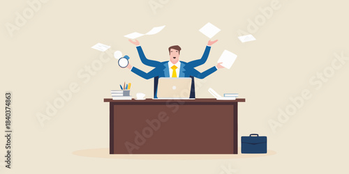 Overwhelmed businessman juggling multiple tasks at a cluttered office workspace