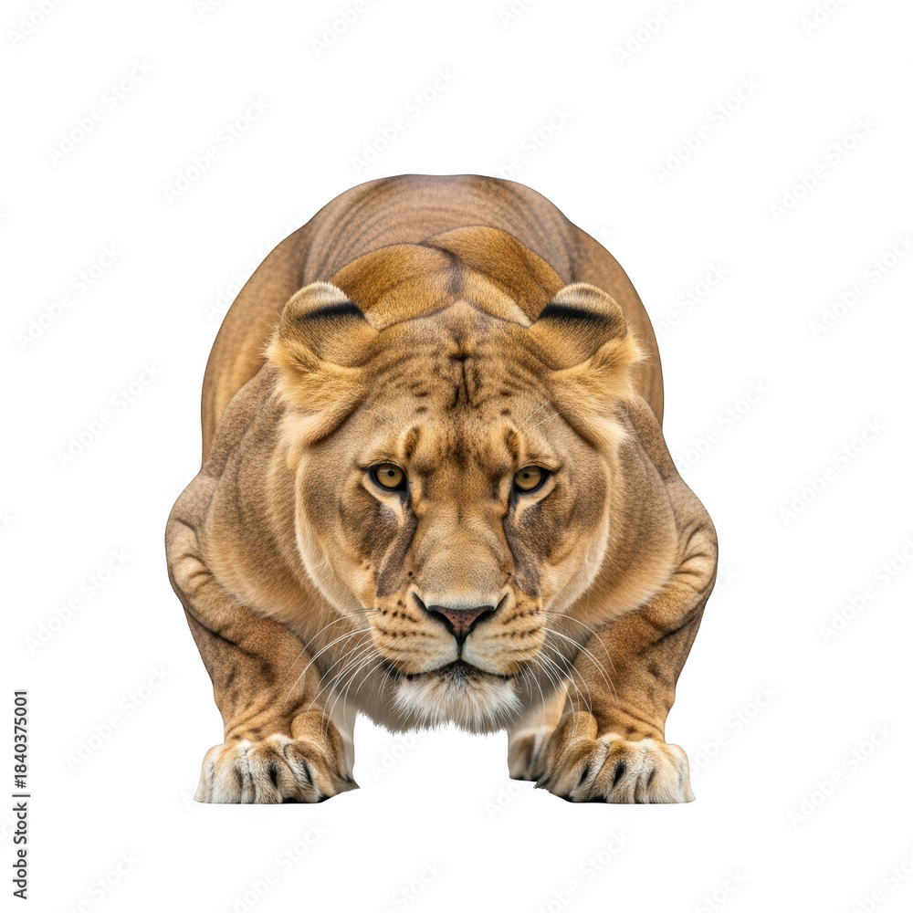 Obraz premium Lioness crouched low looking forward on black background