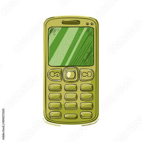 Vintage mobile phone, old cell phone, communication technology, retro mobile, sketch style, green device