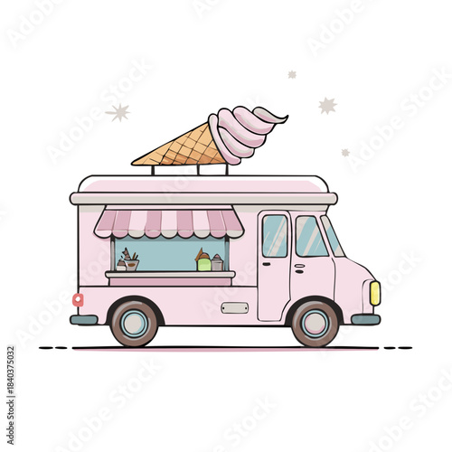 Pink food truck with ice cream cone on top, delivering sweet desserts and treats for summer festival events