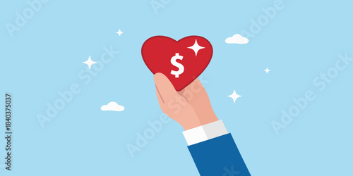 A hand offering a red heart with a dollar sign inside symbolizing charity