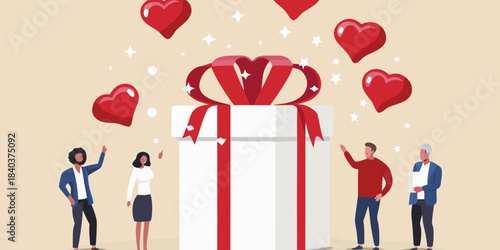 A gift box overflowing with hearts celebrated by a small group of people