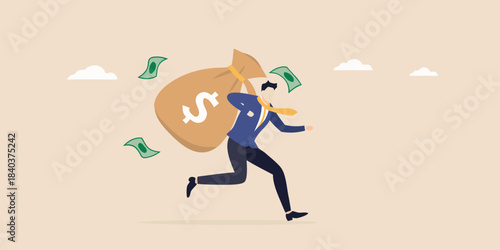 A businessman running with a large bag of money escaping with wealth