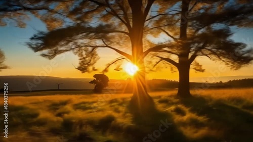 Golden sunset panning across grassy meadow with trees.