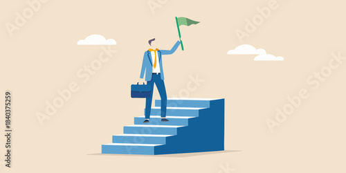 A businessman climbs stairs with a flag symbolizing success and achievement