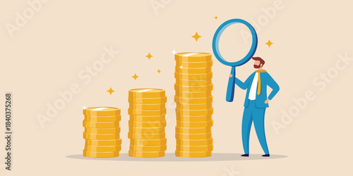 A man examining growing stacks of golden coins with a magnifying glass