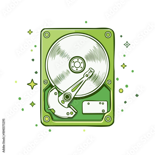Green Computer Hard Disk Drive Vector Illustration Electronic Storage Concept