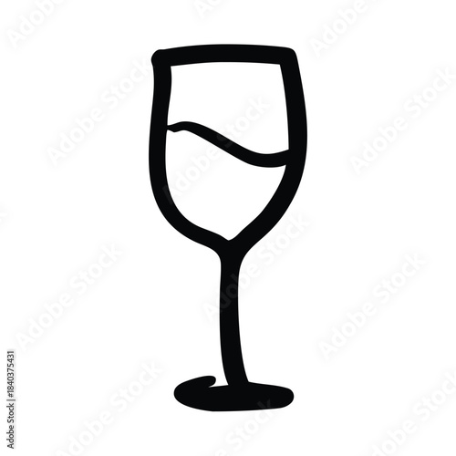 A simple black outline drawing of a wine glass filled with liquid on a white background.