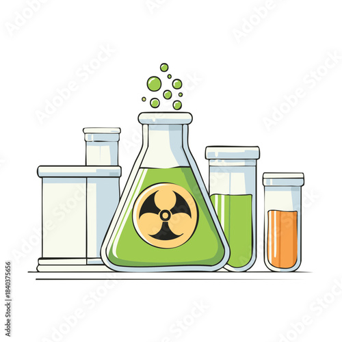 Laboratory glassware with colorful liquids and a radiation symbol, scientific experiments and danger concept