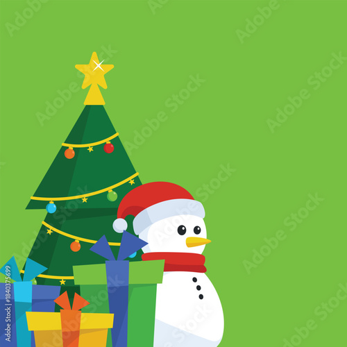Christmas green background with seasonal elements like gift boxes, decorated pine tree, and snowman wearing red scarf and Santa hat perfect for celebrate Christmas and holiday events.
