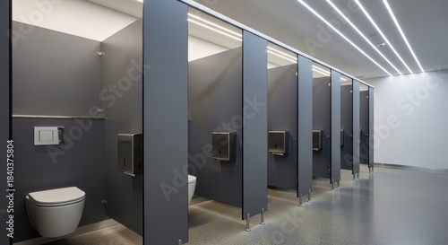 Modern public restroom with gray stalls white toilets and recessed lighting