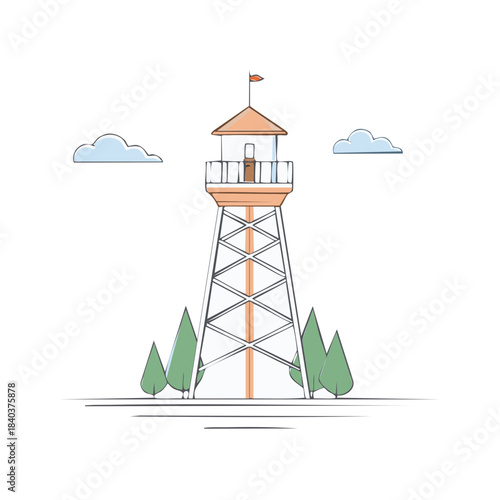 Watchtower in an abstract style with trees and sky