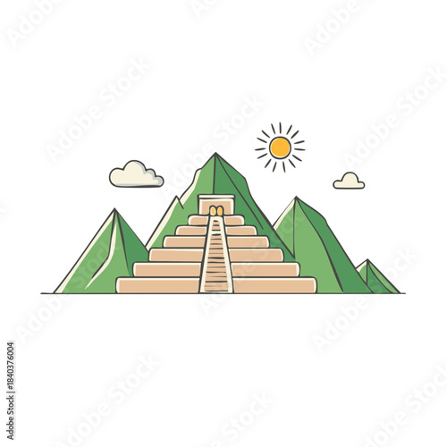 Minimalist Aztec Pyramid Temple Landscape Illustration in Sunlight