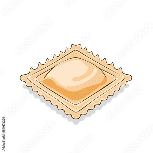 Isometric illustration of a single ravioli pasta filling in square shape with a cream sauce topping