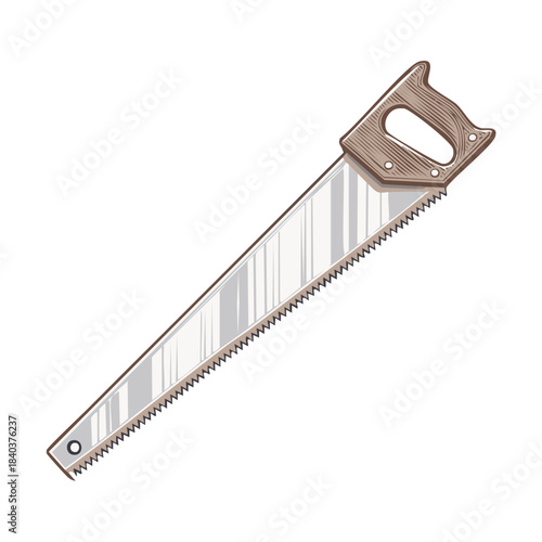 Illustration of a Hand Saw with Wooden Handle for Carpentry and Woodworking, Tools for Construction and Repair