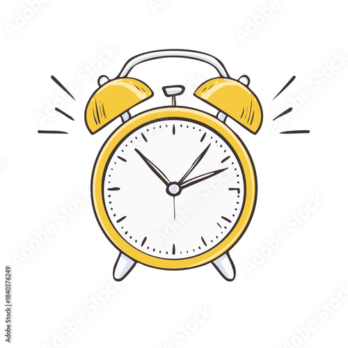Cartoon yellow alarm clock rings to wake you up in the morning time reminder in vector drawing