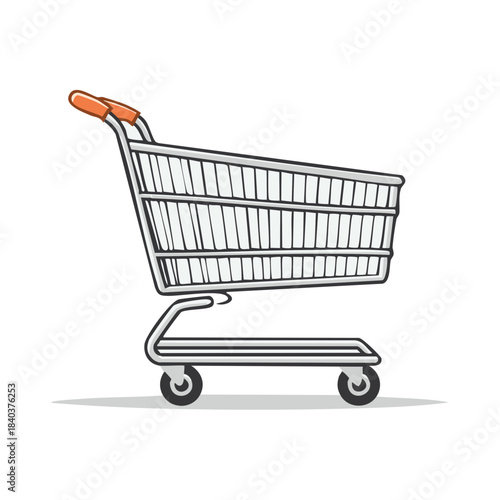 Simple illustration of metal shopping cart with orange handle used to carry groceries or goods