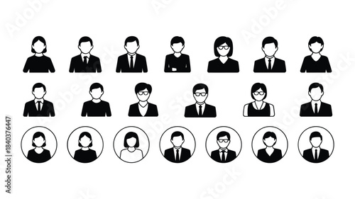 Diverse set of professional business people icons in black and white