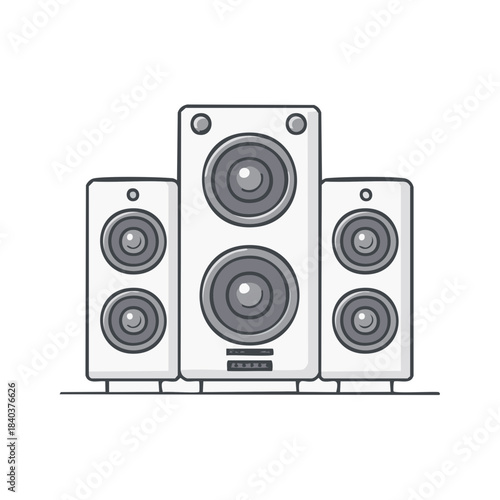 Stereo Speaker System Illustration with Subwoofer and Satellite Speakers for Audio Entertainment