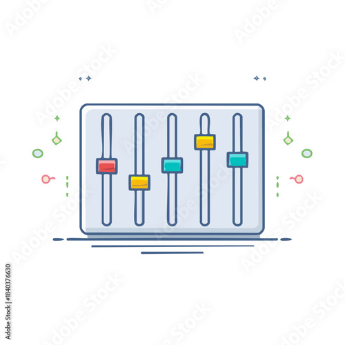 Sound mixing board with colorful sliders for audio production control, flat design