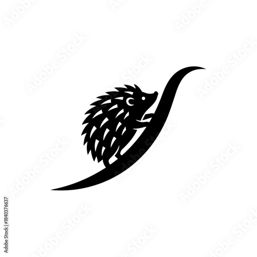 Hedgehog silhouette sliding down smooth curve surface vector illustration