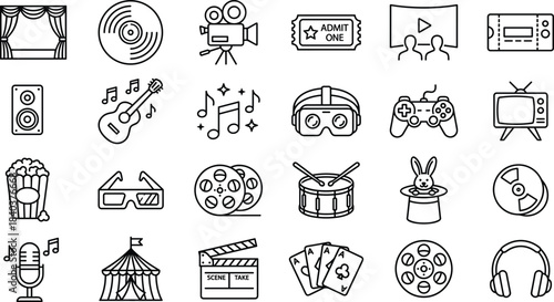 Entertainment icon set, media symbols, music, cinema, gaming, show, theater, audio, video, fun, leisure, outline, vector, collection, minimal, design