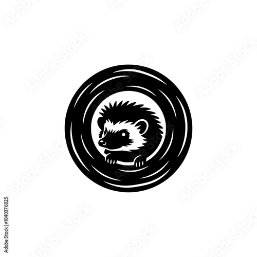 Hedgehog silhouette peeking from hollow log opening vector illustration