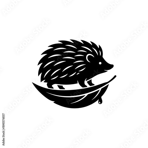 Hedgehog silhouette on fallen leaf balance scene vector illustration