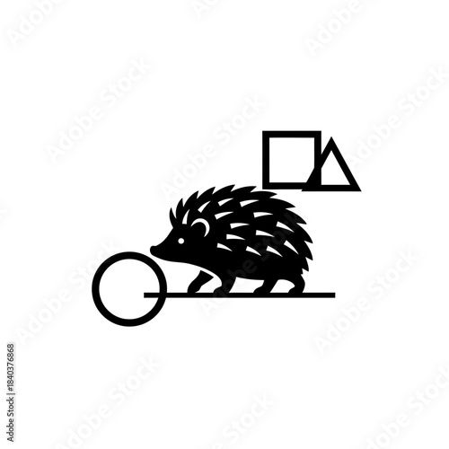 Hedgehog silhouette moving through floating geometric shapes vector illustration