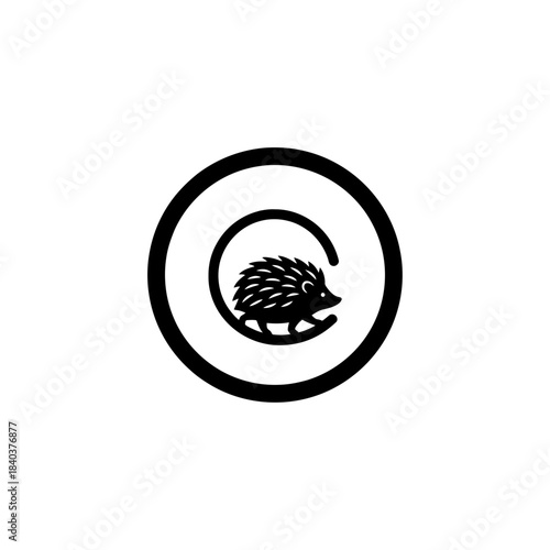 Hedgehog silhouette moving along spiral path vector illustration