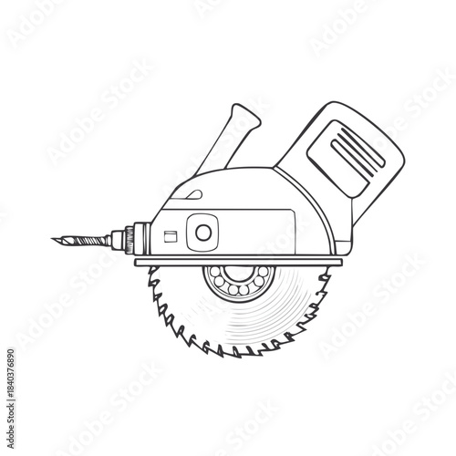 Abstract Drawing of a Power Tool with a Saw Blade and Drill Bit Combination Design