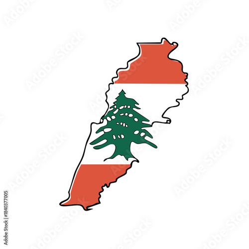 Lebanon Map with National Flag Colors and Cedar Tree Emblem, Vector Illustration