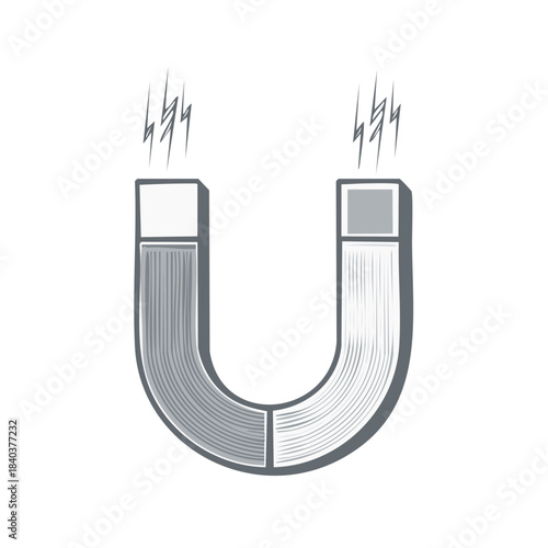 Grey horseshoe magnet generating magnetic field. Strong attractive force experiment