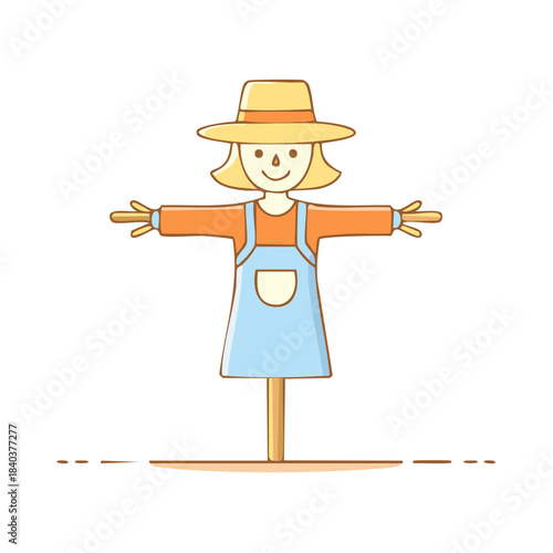 Illustration of a scarecrow with arms spread wearing a hat and overalls for garden decoration