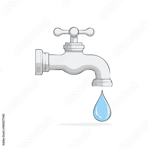 Cartoon Faucet with Dripping Water Drop Illustration Water Conservation Concept