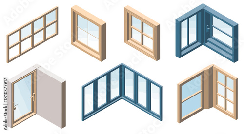 Doors in isometric room interiors, complete with windows, vector illustration