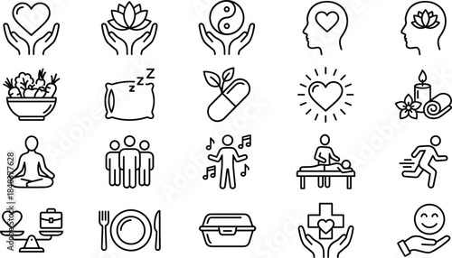 Wellness icon set, self care symbols, healthy lifestyle, meditation, nutrition, mindfulness, fitness, mental health, relaxation, balance, outline vector collection