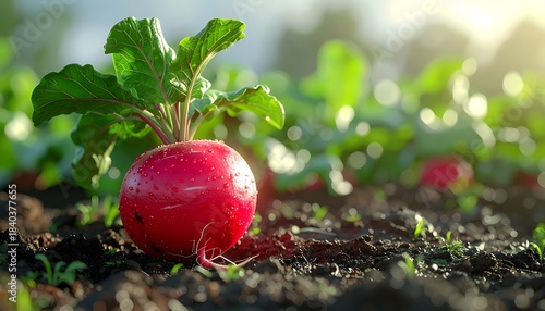 A vibrant red radish, glistening with water droplets, grows in rich, dark soil, basking in soft sunlight