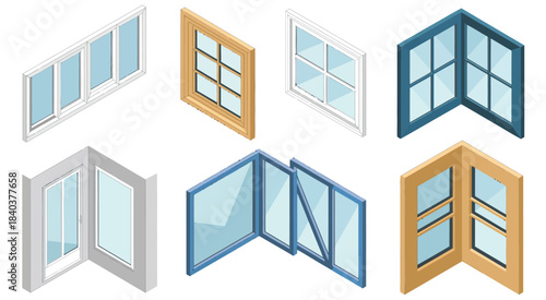 Doors and windows in isometric room interiors, vector illustration