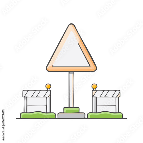 Cartoon construction road sign with warning barriers, vector flat line illustration, safety signage, road repairs