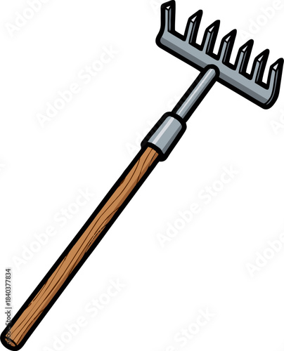 A detailed illustration of a garden rake with a wooden handle and metal tines.