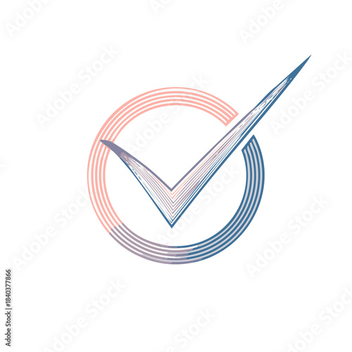 Checkmark and circle stylized validation sign with blue and pink stripes. Symbol for correctness confirmation choice approval selection mark.