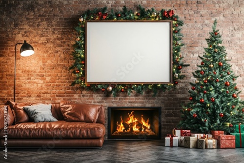 Blank Holiday Poster Above Brick Fireplace in Modern Loft
