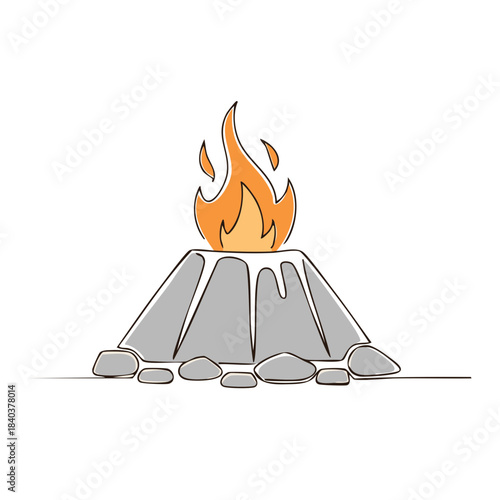 Line art illustration depicting fire burning on rocks in stylized simple line art format on a white background