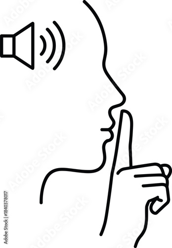Quiet Symbol Icon, Shush Gesture with Finger on Lips and Speaker Sign, Silence Rule and Privacy Outline Graphic, Secret Confidential Communication Cad Drawing Flat Vector Illustration