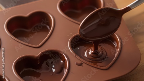Pouring melted chocolate into heartshaped silicone mold