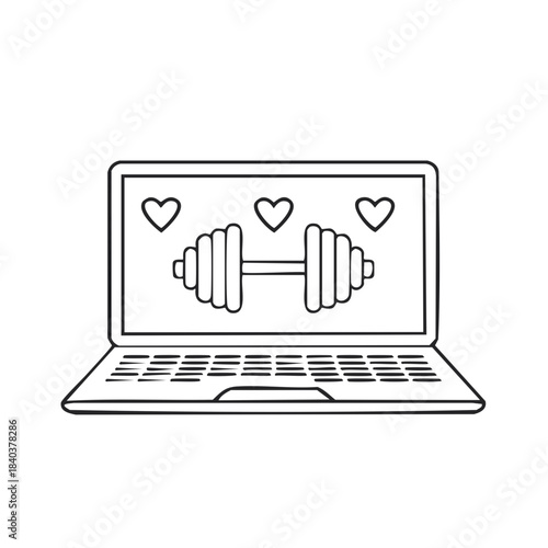 Laptop screen with dumbbell and hearts illustration for online workout, fitness class